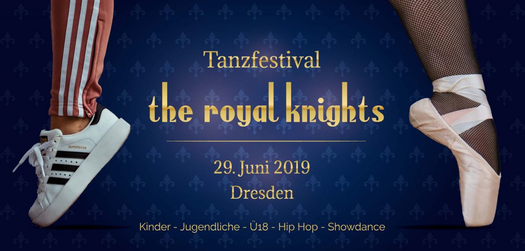 Flyer des diesjährigen Tanzfestivals the royal knights 2019, Voderseite, mit einem Ballettschuh und einem Hip-Hop-Schuh
