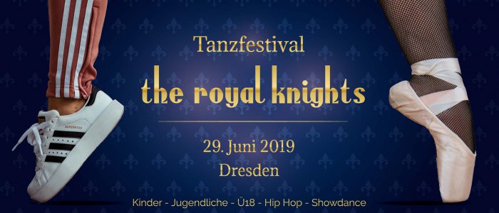 Flyer des diesjährigen Tanzfestivals the royal knights 2019, Voderseite, mit einem Ballettschuh und einem Hip-Hop-Schuh